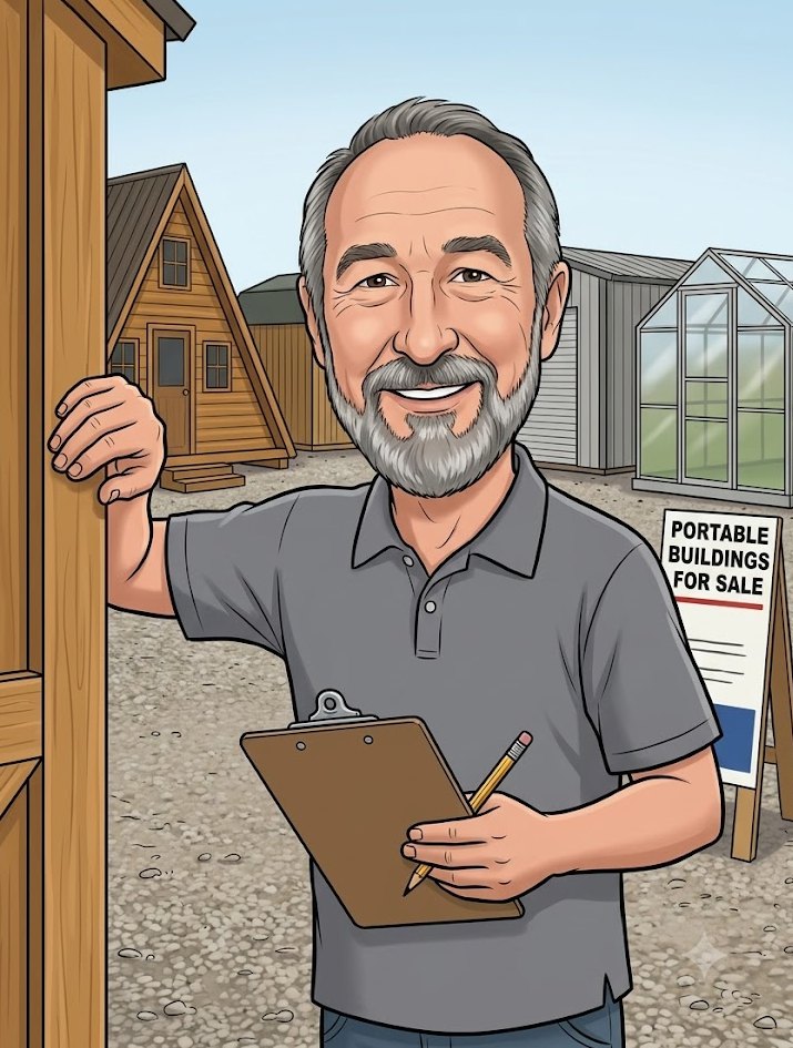 Illustration of Fred standing on the lot with a clipboard in front of his portable buildings