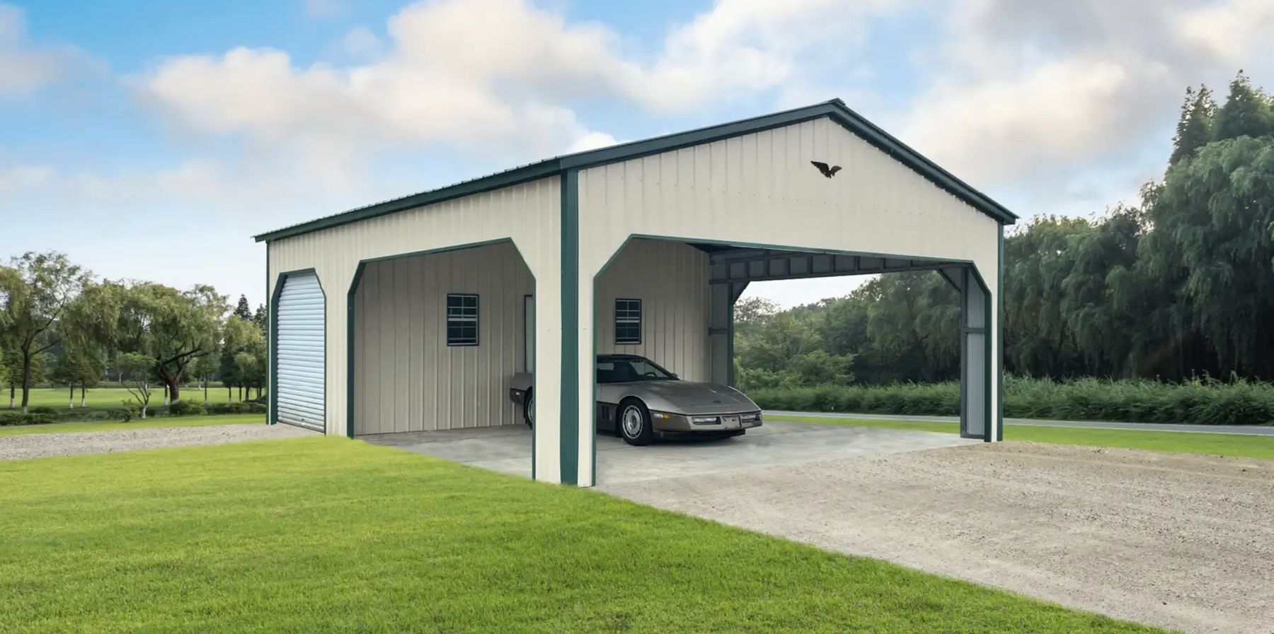 A metal garage and carport building on a customer property